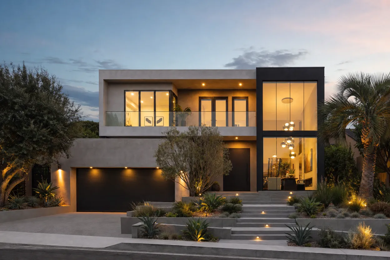 Illustrative rendering of a finished contemporary Los Angeles home at dusk