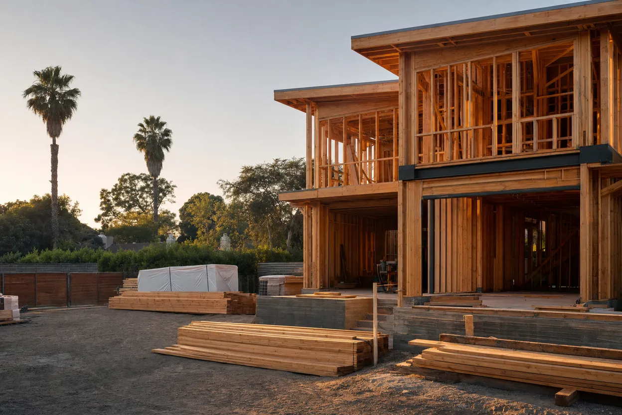 Illustrative rendering of an organized Los Angeles residential construction site at golden hour