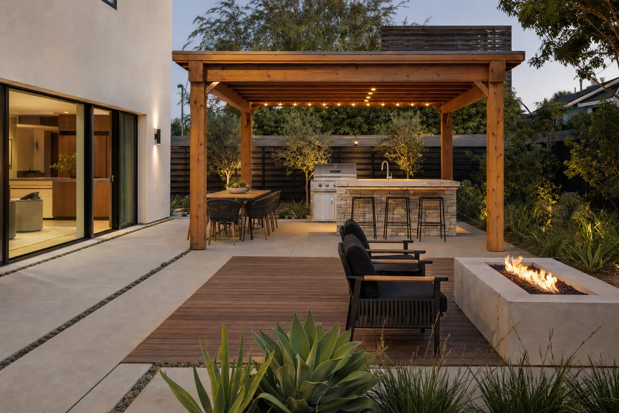 Illustrative rendering — outdoor living & hardscape by Oaks Group Construction